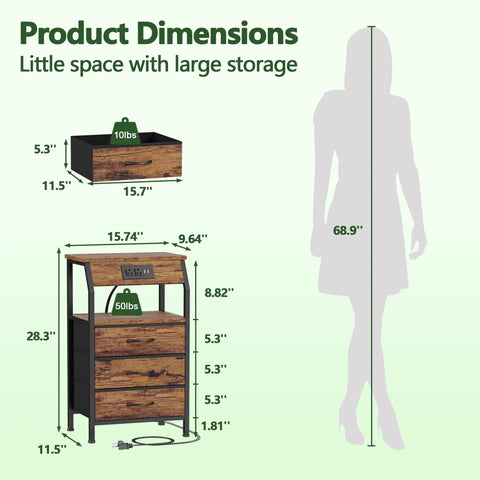 Night Stand With Built In Charging Station And USB Ports, 28.3 Inch Tall Bedside Table With Wood Shelf And 3 Fabric Drawers diagram