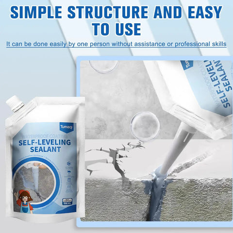 Self-Leveling Concrete Sealant for Cracks being applied to cracked concrete surface with packaging visible, 500ml size.