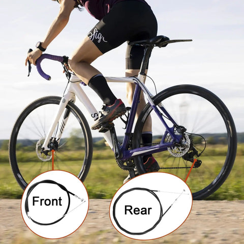 Cyclist on road bike with front and rear All In One Universal Bicycle Brake Cables And Housing Kit for mountain and road bikes.