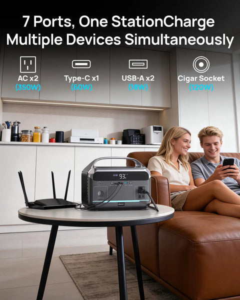 Living room with Your Go To Portable Power Station With 60W Solar Panel Included 288Wh LiFePO4 Battery 350W Continuous 600W Peak 7 Port Design Fast Charge For Home Backup And Outdoor Camping on table connecting devices, couple seated on sofa using phone