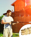 LIULO TOOL 4-pack pressure washer quick-connect kit with brass M22 to 3/8" fittings; person using a pressure washer outdoors