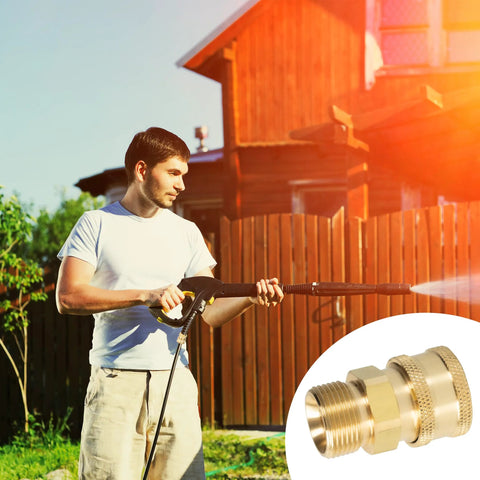 LIULO TOOL 4-pack pressure washer quick-connect kit with brass M22 to 3/8" fittings; person using a pressure washer outdoors