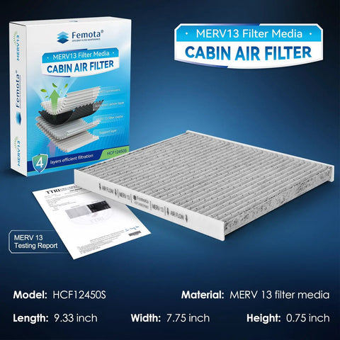 Beefy Four Layer MERV 13 Cabin Air Filter With Activated Carbon showcasing filter, box, and specs for Jeep Wrangler, Gladiator
