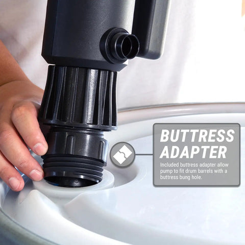 Badass Electric Drum Pump With Telescopic Suction Hose connecting with buttress adapter on drum for fast liquid transfer.