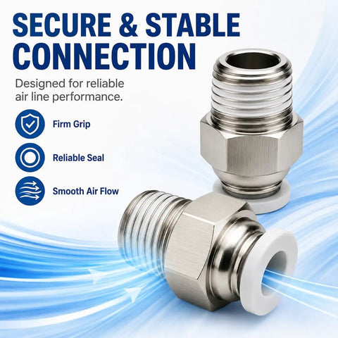 Push To Connect Pneumatic Straight Male Fittings 1/4 Inch Tube OD X 1/4 Inch NPT Thread PC1/4-N02 Pack Of 10 For Air Lines And Pneumatic Tools, Durable Quick Connectors shown with threaded ends and white seal