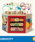 Totally Kid Approved Seven Sided Wooden Activity Cube Featuring Interactive Bead Maze Shape Sorter And Mini Railroad Track with bright colors