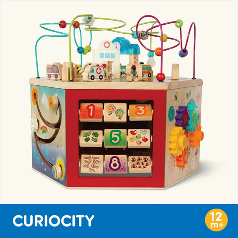 Totally Kid Approved Seven Sided Wooden Activity Cube Featuring Interactive Bead Maze Shape Sorter And Mini Railroad Track with bright colors