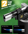 Close-up of Dual Flame Butane Torch Lighter For Cooking And Soldering Refillable Kitchen Torch with flame mode regulator