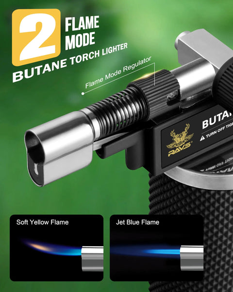 Close-up of Dual Flame Butane Torch Lighter For Cooking And Soldering Refillable Kitchen Torch with flame mode regulator