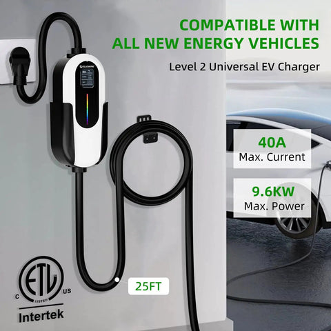 Plug And Play Level 2 EV Charger 40 Amp 240 Volt With WiFi App Control, 25ft charging cable, mounted on wall.