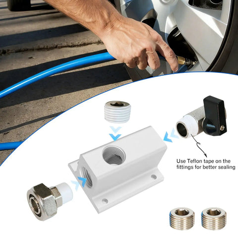 Two Pack Three Quarter Inch Compressed Air Outlet Kit With One Half Inch NPT Ports Aluminum Manifold Includes Straight Fittings And Brass Valves Perfect For Three Quarter Inch Air Piping Systems