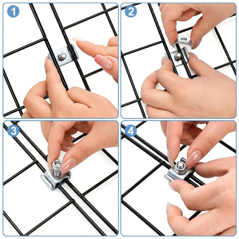 Step-by-step installation of 100 Pack Splice Washer Kit For Mesh Wire Cable Trays Galvanized Grid Wall Clips Steel Reinforced Joint Clamps.