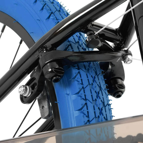 Close-up of 24 Inch Kids Freestyle BMX Bike For Beginners For Boys And Girls Aged 7 To 12, featuring blue tire and braking system.