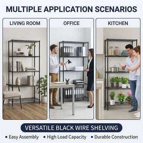 Rock Solid Five Tier Heavy Duty Wire Shelving Unit With Adjustable Metal Storage Shelves For Garage Closet Pantry, Black Corrosion Resistant Rack Holds Two Hundred Fifty Pounds Per Shelf Built To Last
