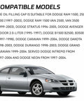 Silver sedan car next to text listing compatible models for Engine Oil Filler Cap Replacement Compatible With Jeep Wrangler Cherokee