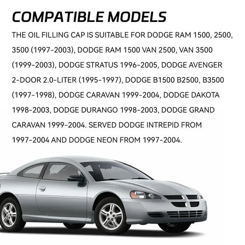 Silver sedan car next to text listing compatible models for Engine Oil Filler Cap Replacement Compatible With Jeep Wrangler Cherokee