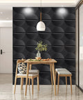 Dining area with 3D Black Semicircle Textured Wall Panels With Peel And Stick Tape Included Large Square Tiles For Easy DIY Interior Wall Decor Pack Of Twelve Coverage Thirty Two Point Three Four Square Feet Modern Accent Wall Upgrade