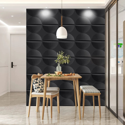 Dining area with 3D Black Semicircle Textured Wall Panels With Peel And Stick Tape Included Large Square Tiles For Easy DIY Interior Wall Decor Pack Of Twelve Coverage Thirty Two Point Three Four Square Feet Modern Accent Wall Upgrade