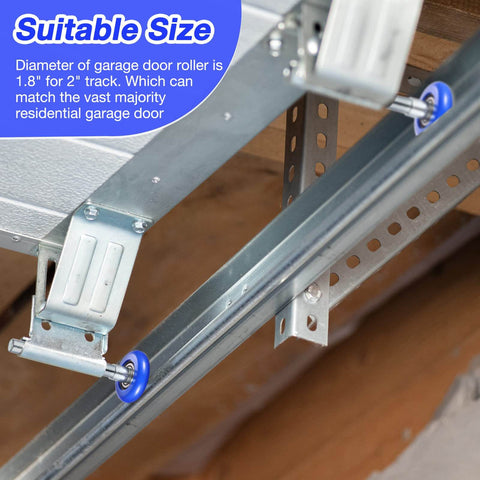24 Pack Nylon Garage Door Rollers 1.8 Inch Replacement Wheels For 2 Inch Track Blue With 4.7 Inch Stem installed on a metal track