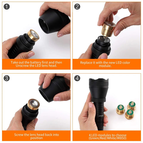 Step-by-step assembly of Beast Mode Long Range Hunting Flashlight with Zoomable Beam and Green Red White LEDs Plus 850nm IR.