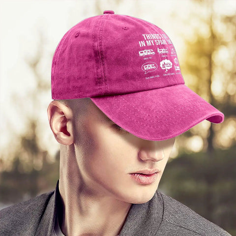 Funny Spare Time RV Camper Hat For Women In Distressed Washed Pomegranate Red on person outdoors, side view