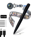 64GB Camera Pen 1080P Hidden Spy Camera With Motion Detection Portable Security Pen with USB cable, card reader, and refills displayed