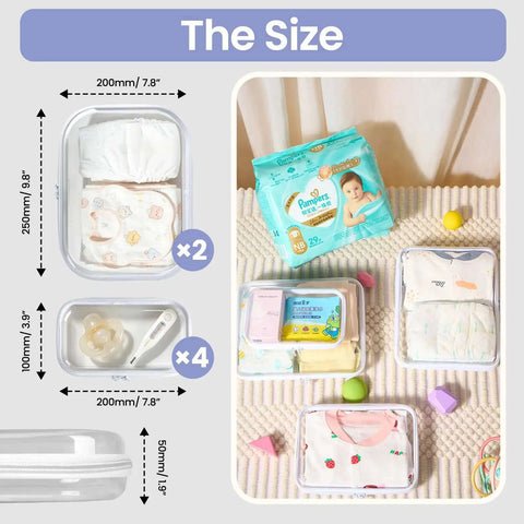 Total Game Changer Clear Hard Shell Travel Organizer Six Pack With Heavy Duty Zipper Seal For Toiletries Cosmetics Tech Cables And Daily Essentials showing sizes and contents.