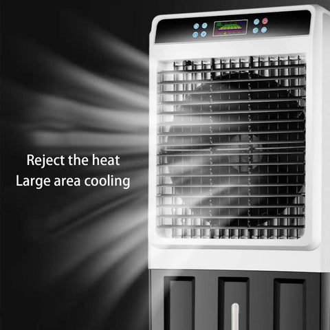 Portable Air Conditioner With Massive Water Tank And Free Ice Packs To Keep Your Space Chill As Ice All Day Long Includes Wireless Remote And Smooth Roll Casters For Bedroom Or Office showing large area cooling features.