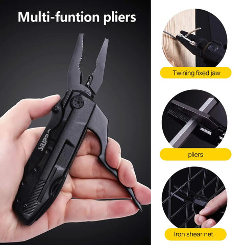 Everyday Carry Multitool For Men With Folding Knife And Pliers showing multi-function pliers in hand, tactical tool set.