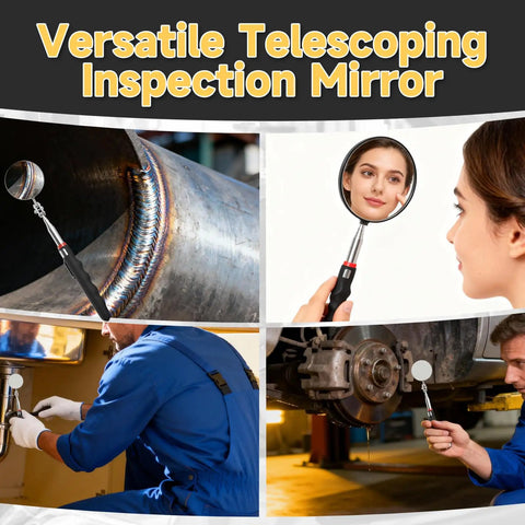 Telescoping Inspection Mirror Set With 360 Degree Swivel Extendable To 30.5 Inches; close-up of mechanics using the tool
