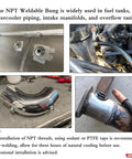 Heavy Duty Aluminum Weld On Bung Fitting With Three Eighth Npt Female Threads used for tanks and piping, showing welds and fittings.