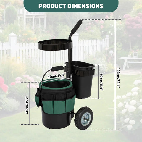 Heavy Duty Rolling Garden Cart With 5 Gallon Bucket, Oxford Bag With 8 Pouches, And 3 Gallon Basket against garden backdrop