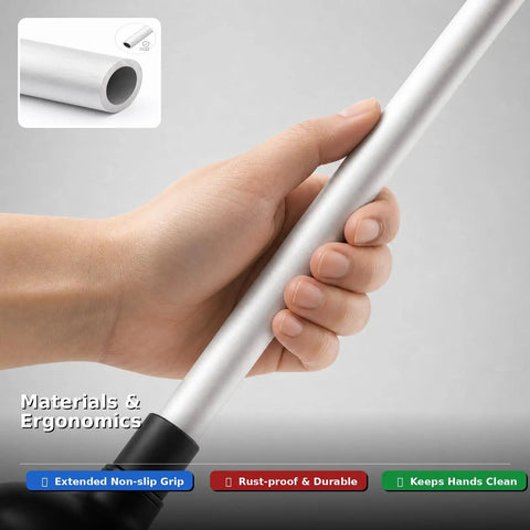 Hand holding a heavy duty toilet plunger handle showcasing ergonomic design of the Heavy Duty Toilet Plunger And Brush Set With Nifty Hideaway Stand For No Fuss Bathroom Refresh That Keeps Your Toilet Crisp And Stubborn Clogs Straight Up Gone And Doubles As Solid Home Care Gear With Vented Storage Bin.