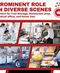 Collage of diverse uses including restaurant prep, medical office, garage storage, and buffet serving with Stainless Steel Work Table.