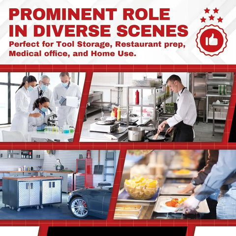 Collage of diverse uses including restaurant prep, medical office, garage storage, and buffet serving with Stainless Steel Work Table.