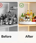 Before and after using the Two Pack White 11.8 Inch Lazy Susan Turntable with smooth 360 spin to organize spices and bottles.