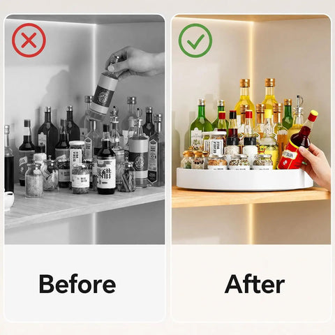 Before and after using the Two Pack White 11.8 Inch Lazy Susan Turntable with smooth 360 spin to organize spices and bottles.