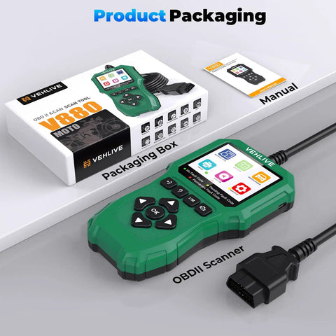 Upgraded 2025 Motorcycle Diagnostic Tool With OBD2 And Fault Code Reader, Quick Test And Voltage Check, Handy Bike Scanner packaging