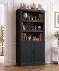 Beefy Industrial Bookshelf With Doors 71 Inch Tall Floor Standing Bookcase With Adjustable Shelves in a living room corner