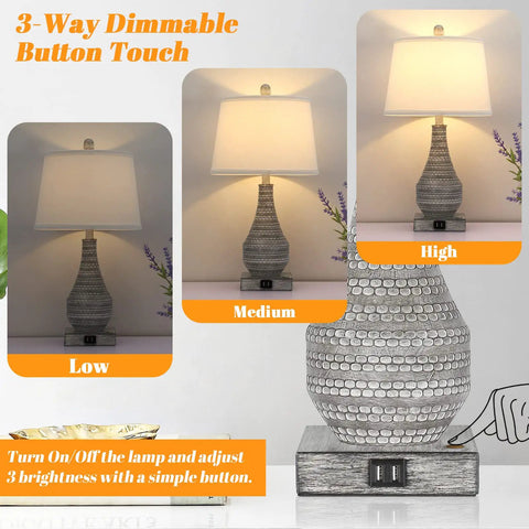 Two Rustic Vase Table Lamps For Bedroom And Living Room, Touch Activated Bedside Lamps With USB Ports, 3 Way Dimmable Nightstand Lighting, Includes 2700K Edison Bulbs, Cozy Modern Farmhouse Vibe