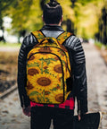Person wearing Dense Sunflower Repeat Printed Backpack For Everyday Carry Unisex Large Capacity Daypack With Durable Zipper