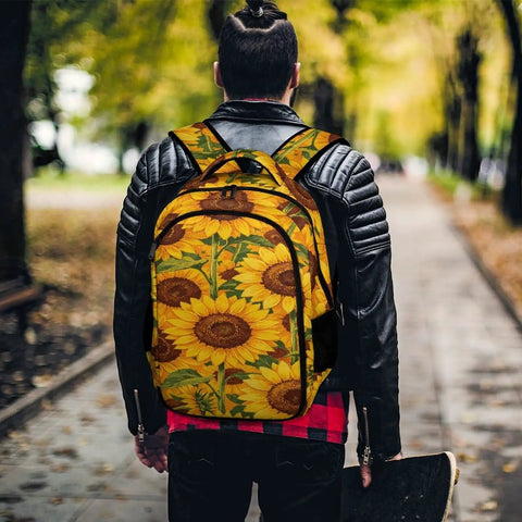 Person wearing Dense Sunflower Repeat Printed Backpack For Everyday Carry Unisex Large Capacity Daypack With Durable Zipper