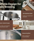 Big Batch French Press Coffee Maker That Will Not Quit Double Wall Stainless Steel Plastic Free Insulated Brewer Holds Sixteen Cups Half Gallon Size with measuring marks.
