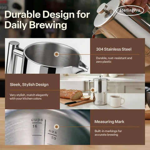 Big Batch French Press Coffee Maker That Will Not Quit Double Wall Stainless Steel Plastic Free Insulated Brewer Holds Sixteen Cups Half Gallon Size with measuring marks.