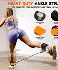 Woman using Ankle Resistance Bands With Cuffs For Leg And Glute Workouts Adjustable 10 20 30 Lb Tension Ankle Straps And Exercise Bands For Kickbacks Hip Glute Training Build Your Bikini Booty At Home during leg exercise