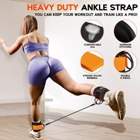 Woman using Ankle Resistance Bands With Cuffs For Leg And Glute Workouts Adjustable 10 20 30 Lb Tension Ankle Straps And Exercise Bands For Kickbacks Hip Glute Training Build Your Bikini Booty At Home during leg exercise