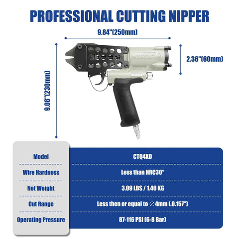 Heavy Duty Pneumatic Cutting Nipper Built Tough With Aluminum Housing And Forged Alloy Steel Blades For Faster Wire Snipping and Zero Sweat Operation On Active Job Sites Always, showing model CTQ4XD dimensions.