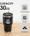 Top Shelf Personalized Stainless Steel Tumbler 30 Oz Double Wall Insulated Coffee Cup showing dimensions and features.