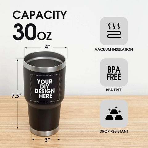 Top Shelf Personalized Stainless Steel Tumbler 30 Oz Double Wall Insulated Coffee Cup showing dimensions and features.