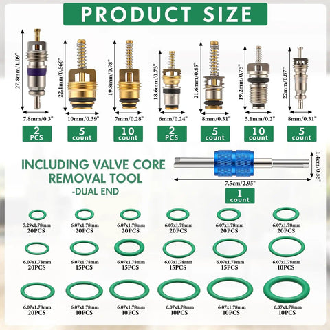 Car Air Conditioning Repair Kit With 270 O Ring Set And 40 Valve Cores For R12 And R134a Refrigerant, display of valve cores and O-rings sizes